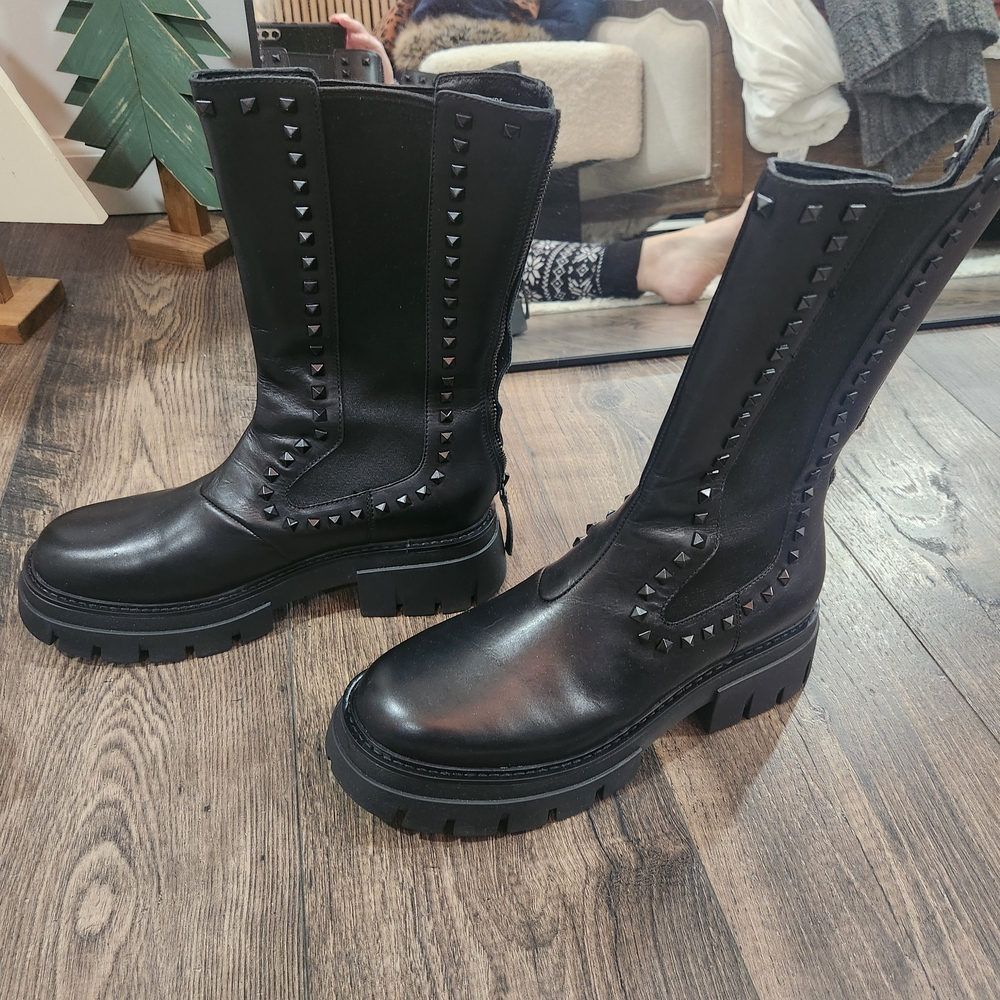 ASH Black Leather Stud Tall Chelsea Boots - Picture 4 of 8